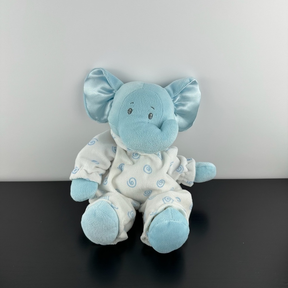 Baby Ganz Swirl Elephant 12” Rattle White Blue Pajamas Plush Stuffed Animal